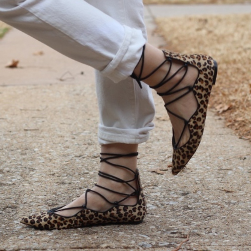 Zara fur lace up flat pointed toe leopard sandals